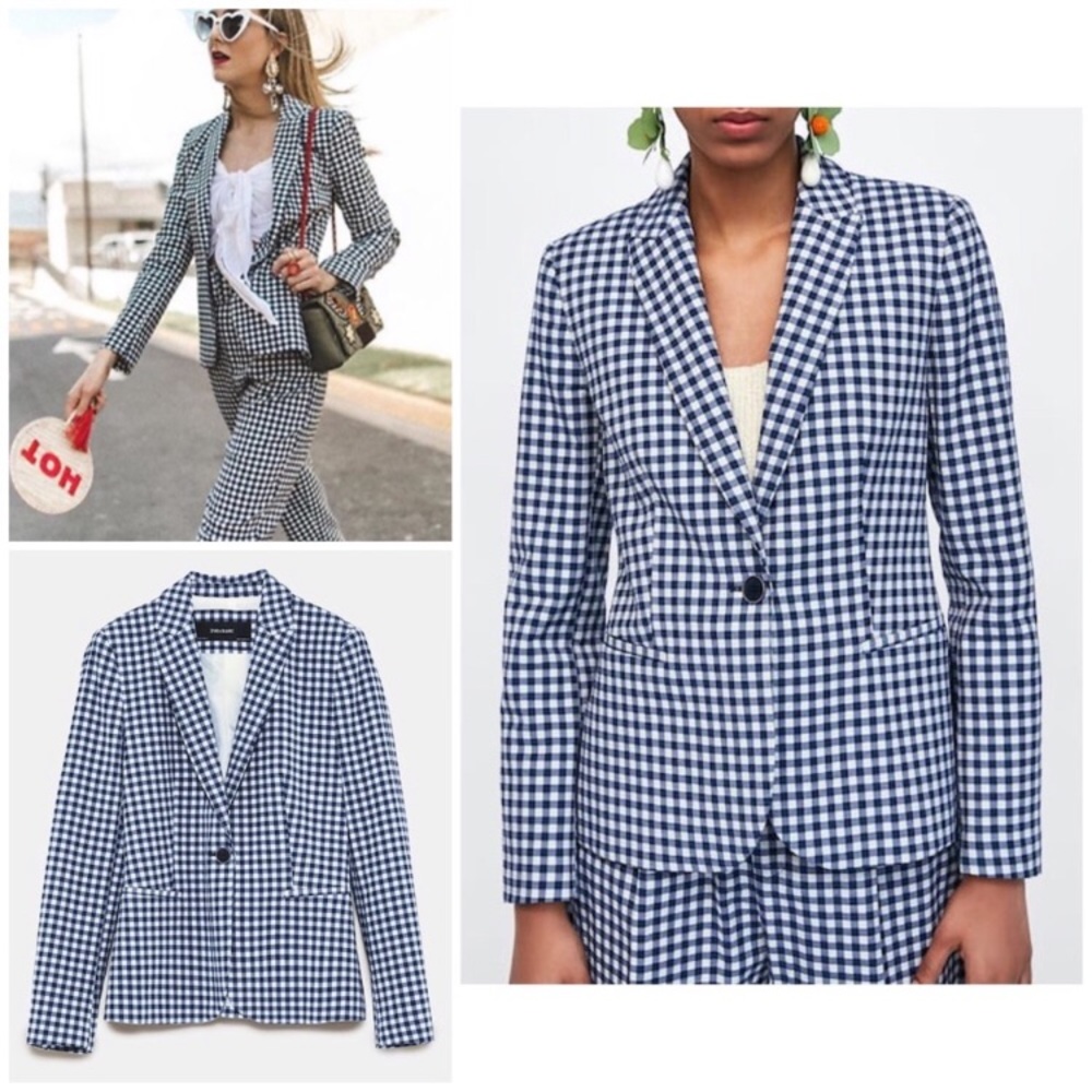Zara Blue and White Checkered Blazer
